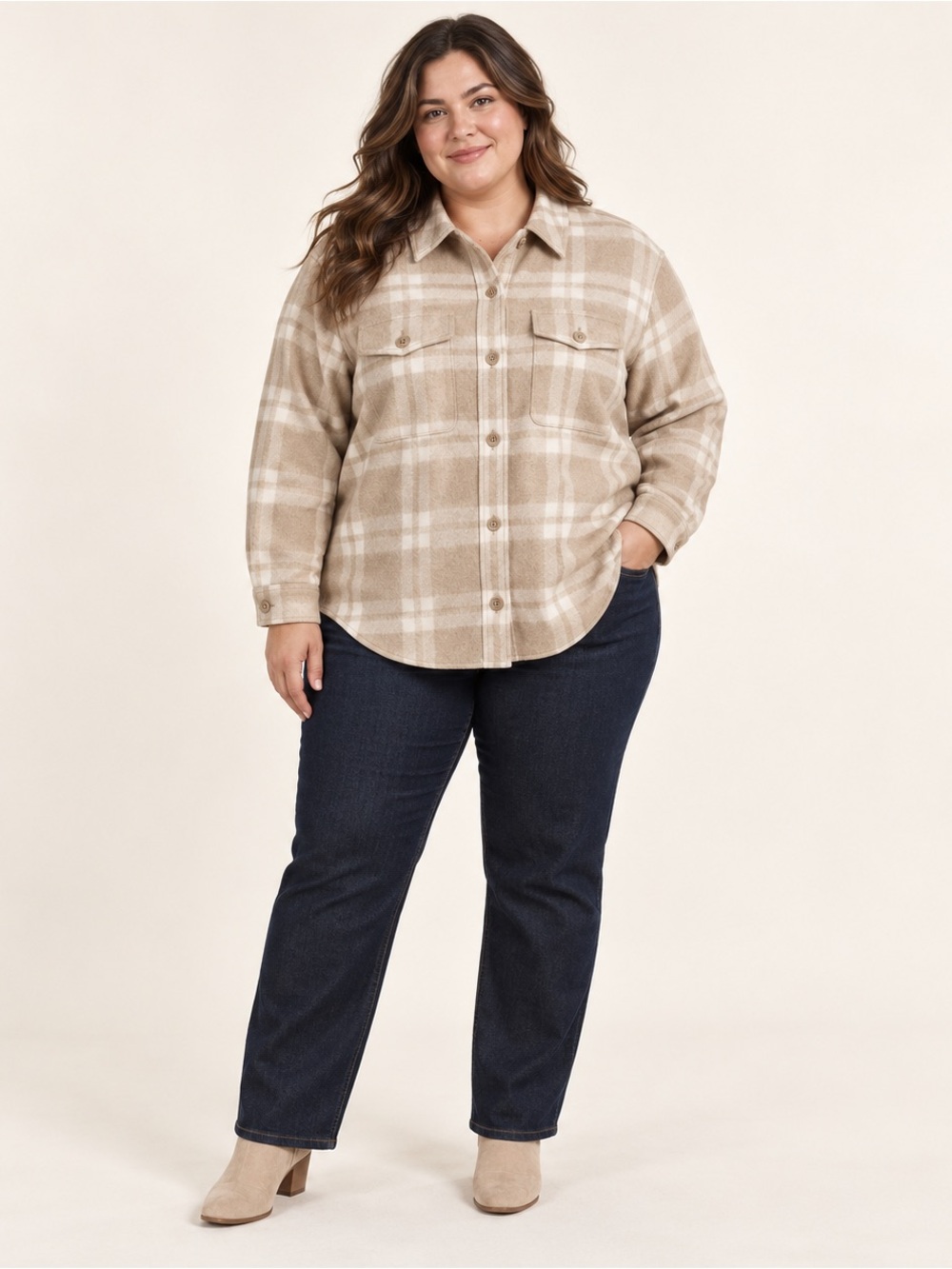 NWT Lane Bryant Plaid Shacket 18/20 Tan Cream Wool Blend Shirt Jacket